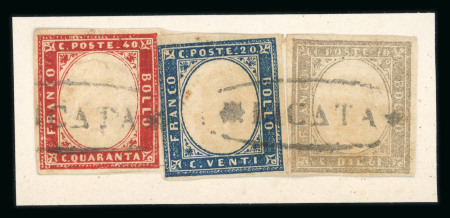 Stamp of Italian States » Sicily » Cancellations (ordered by towns alphabetically) LICATA: Sardinia 10c grey + 20c blue + 40c red (Sass. 14Cd, 15Dc, 16D), all cancelled on a small fragment by an extremely rare oval LICATA in black, minor faults on two, possibly unique 3-colour franking, showpiece.