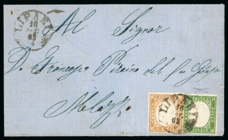 Stamp of Italian States » Sicily » Cancellations (ordered by towns alphabetically) LIPARI: 1863 (16.9) Folded letter sheet to Milazzo, franked Sardinia 5c green (light vertical crease) and 10c bistre brown, tied LIPARI cds (Osf. cds - P.12) with similar alongside, a very rare cancellation