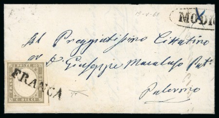 Stamp of Italian States » Sicily » Cancellations (ordered by towns alphabetically) MODICA: 1861 (19.5) Folded letter sheet Scicli to Palermo, franked Sardinia 10c grey with good to very rare large margins (Sass. 14Cf), tied FRANCA straight-line hs in black with oval MODICA hs alongside (Osf. - P.12)