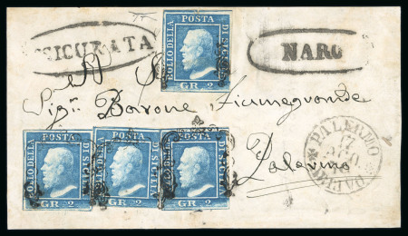 Stamp of Italian States » Sicily » Cancellations (ordered by towns alphabetically) NARO: 1859 (17.8) Registered cover front sent to Palermo with four 2 Gr. plate III showing black oval NARO alongside