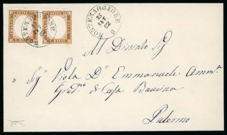 Stamp of Italian States » Sicily » Cancellations (ordered by towns alphabetically) MONTEMAGGIORE: 1862 (23.9) Folded letter sheet to Palermo, franked Sardinia 10c reddish brown (Sass. 14Cn), two large margined singles, tied two strikes of the MONTEMAGGIORE/23.SET.62 cds, paying the double domestic rate