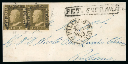 Stamp of Italian States » Sicily » Cancellations (ordered by towns alphabetically) PET. SOPRANA: 1859 (27.7) front to Palermo with 1 Gr. light olive brown horizontal pair with oval black PET. SOPRANA handstamp adjacent
