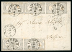 Stamp of Italian States » Sicily » Cancellations (ordered by towns alphabetically) RIPOSTO: 1861 Sardinia Newspaper Stamp 1c light grey strip of four and strip of five, tied by clear black RIPOSTO cds on 1862 (29.11) cover