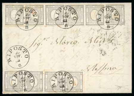 Stamp of Italian States » Sicily » Cancellations (ordered by towns alphabetically) RIPOSTO: 1861 Sardinia Newspaper Stamp 1c light grey strip of four and strip of five, tied by clear black RIPOSTO cds on 1862 (29.11) cover