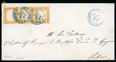 Stamp of Italian States » Sicily » Cancellations (ordered by towns alphabetically) S.CATERINA VILLARMOSA: 1861 Sardinia 10c orange ochre strip of three tied by blue S.CATERINA VILLARMOSA cds on 1863 (18.11) cover
