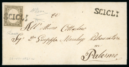 Stamp of Italian States » Sicily » Cancellations (ordered by towns alphabetically) SCICLI: 1861 Sardinia 10c dark olive grey tied by superb straight-line SCICLI on a 1861 (22.7) cover