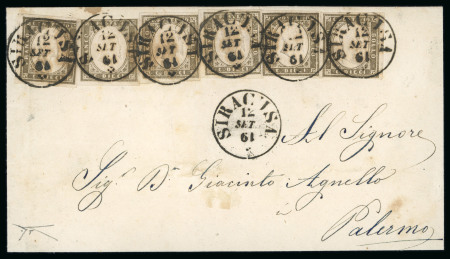 Stamp of Italian States » Sicily » Cancellations (ordered by towns alphabetically) SIRACUSA: 1861 Sardinia 10c dark olive grey, six  examples all neatly tied by SIRACUSA/12.SET.61 cds on a 1861 folded letter sheet
