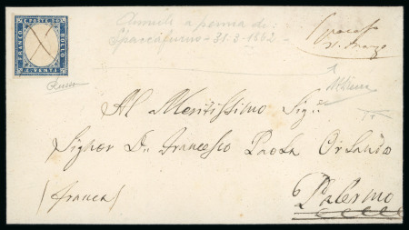 Stamp of Italian States » Sicily » Cancellations (ordered by towns alphabetically) SPACCAFURNO: 1861 (31.3) Cover to Palermo franked Sardinia 1860 20c ultramarine cancelled by pen cross with manuscript "Spacafo 31 marzo" alongside