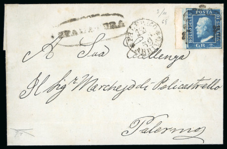 Stamp of Italian States » Sicily » Cancellations (ordered by towns alphabetically) SPADAFORA: 1859 Cover to Palermo with 2 Gr. bright blue plate I left sheet marginal showing oval SPADAFORA in alongside