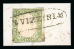 Stamp of Italian States » Sicily » Cancellations (ordered by towns alphabetically) VIZZINI: 1861 Sardinia 5c greyish olive green (Sassone 13Cb), tied on small fragment by neat oval fancy VIZZINI cancel in black