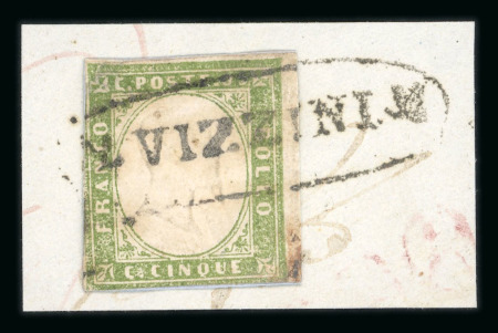 Stamp of Italian States » Sicily » Cancellations (ordered by towns alphabetically) VIZZINI: 1861 Sardinia 5c greyish olive green (Sassone 13Cb), tied on small fragment by neat oval fancy VIZZINI cancel in black