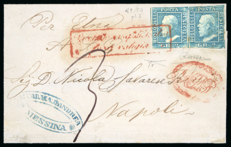 Stamp of Italian States » Sicily » Cancellations (ordered by towns alphabetically) MARITIME MAIL - NAPOLI: "Paechetto a Vap di Sicilia Fuori Vagigi (Boxed, red - P.R3) red boxed cachet tying 2 Gr. light blue, plate I, (Sass. 6a) horizontal pair, position 49-50, to folded letter sheet addressed to Naple