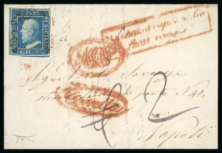 Stamp of Italian States » Sicily » Cancellations (ordered by towns alphabetically) MARITIME MAIL - NAPOLI: "Paechetto a Vap di Sicilia Fuori Vagigi" red boxed cachet alongside 2 Gr. cobalt blue, plate I, on cover and cover front
