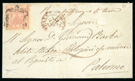 Stamp of Italian States » Sicily » Cancellations (ordered by towns alphabetically) MARITIME MAIL - PALERMO: Naples 2 Gr. brownish pink, plate I tied horseshoe cancels in black on cover and in black on fragment