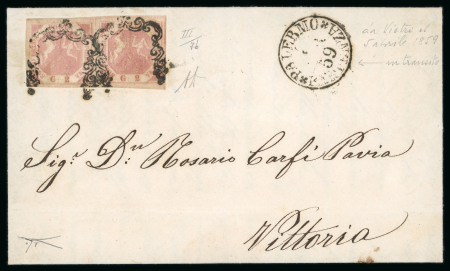 Stamp of Italian States » Sicily » Cancellations (ordered by towns alphabetically) MARITIME MAIL - PALERMO: Naples 2 Gr. light rose, plate III (Sass. 7b), horizontal pair, tied by the horseshoe cancels on 1859 cover to Vittoria