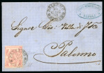 Stamp of Italian States » Sicily » Cancellations (ordered by towns alphabetically) MARITIME MAIL - PALERMO: Naples 10 Gr. light rose, tied by PALERMO/ARRIVO cds, on 1861 (16.6) folded letter sheet