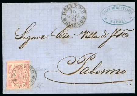Stamp of Italian States » Sicily » Cancellations (ordered by towns alphabetically) MARITIME MAIL - PALERMO: Naples 10 Gr. light rose, tied by PALERMO/ARRIVO cds, on 1861 (16.6) folded letter sheet