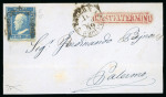Stamp of Italian States » Sicily » Cancellations (ordered by towns alphabetically) CASTELTERMINI: 1859 (11.5) Folded letter sheet to Palermo, franked 2 Gr. plate I, NA paper (Sass. 6a), position 95, showing clear red boxed CASTELTERMINI alongside (Boxed, red, P.6), very fine.
