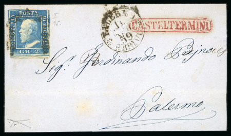 Stamp of Italian States » Sicily » Cancellations (ordered by towns alphabetically) CASTELTERMINI: 1859 (11.5) Folded letter sheet to Palermo, franked 2 Gr. plate I, NA paper (Sass. 6a), position 95, showing clear red boxed CASTELTERMINI alongside (Boxed, red, P.6), very fine.
