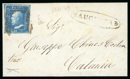 Stamp of Italian States » Sicily » Cancellations (ordered by towns alphabetically) AUGUSTA: 1859 (25.1) Folded letter sheet to Catania, franked 2 Gr. plate I, NA paper (Sass. 6a), position 26, showing oval AUGUSTA in black alongside (Ocf - P.11), very fine.