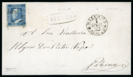 Stamp of Italian States » Sicily » Cancellations (ordered by towns alphabetically) BIVONA: 1859 (29.5) Folded letter sheet sent within Palermo, franked 2 Gr. plate II, NA paper (Sass. 6a), position 96, showing oval BIVONA in black alongside (Ocf - P.13), very fine and rare.