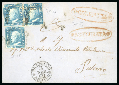 Stamp of Italian States » Sicily » Cancellations (ordered by towns alphabetically) CANICATTI: 1859 (29.5) Folded registered letter sheet sent within Palermo, franked 2 Gr. plate I, PA paper (Sass. 6g), three singles from positions 62, 67, 68, showing red oval CANICATTI and similar coloured ASSICURATA a