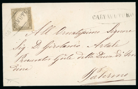 Stamp of Italian States » Sicily » Cancellations (ordered by towns alphabetically) CALTAVUTURO: 1859 (3.8) Folded letter sheet sent to Palermo, franked Sardinia 10c light grey bistre (Sass. 14Cc), tied oval CALTAVUTURO in black (Ocf - P.13) with similar alongside, extremely fine and rare.    Expertise: