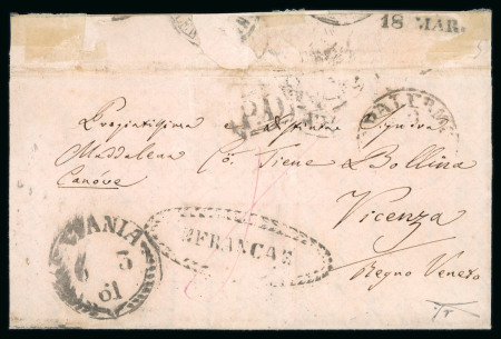 Stamp of Italian States » Sicily » Cancellations (ordered by towns alphabetically) CATANIA: 1861 (6.3) Folded stampless entire routed through Switzerland to Vicenza, the only possible way to send the letter with the prepaid method, showing the Sassone unlisted double framed fancy oval FRANCA, array of 