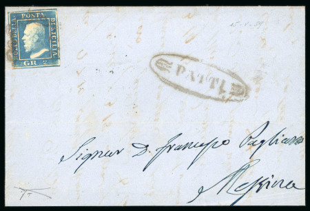 Stamp of Italian States » Sicily » Cancellations (ordered by towns alphabetically) PATTI: 1859 (15.5) Cover to Messina, franked 1859 2 Gr. blue, plate I, NA paper, with fancy oval black PATTI alongside