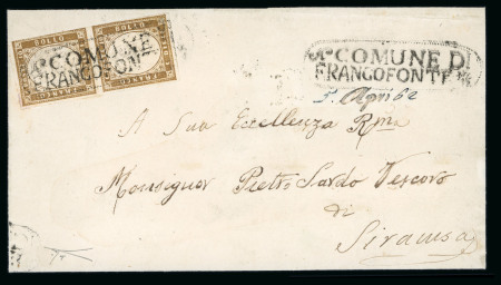 Stamp of Italian States » Sicily » Cancellations (ordered by towns alphabetically) FRANCOFONTE: 1861 Sardinia 10c olive bistre (bistro oliva) (Sassone 14D), touched to large margined vertical pair cancelled by black dotted oval COMUNE DI/FRANCOFONTE mkg (Oval bs dots black - P.13) with similar alongsid