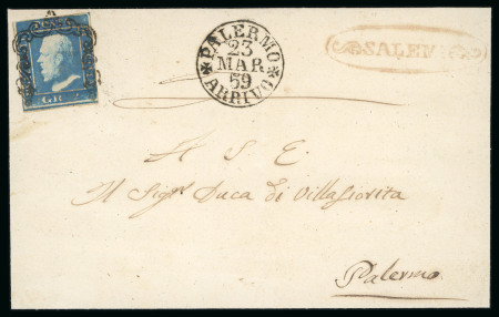 Stamp of Italian States » Sicily » Cancellations (ordered by towns alphabetically) SALEMI: 1859 (23.5)cover sent to Palermo with 2 Gr. plate I, with red SALEMI handstamp adjacent