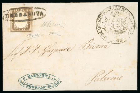 Stamp of Italian States » Sicily » Cancellations (ordered by towns alphabetically) TERRANOVA: 1861 Sardinia 10c light brown (bruno tenue) neatly tied by oval TERRANOVA on wrapper to Palermo