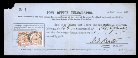 Stamp of Great Britain » Telegraphs 1876 (Feb 1) "No. 1" Post Office Telegraphs certificate with 1876-81 1d red-brown pl.1 vertical pair on the first day of issue