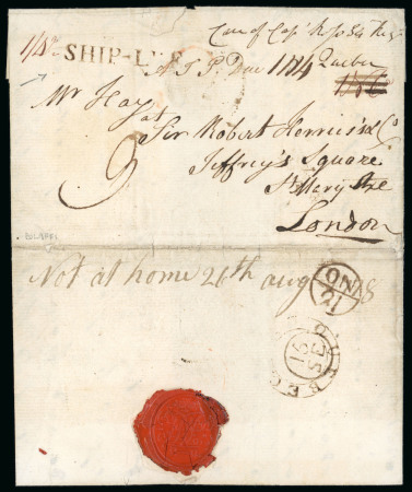 Stamp of Canada 1778 (July 29) Entire from St. Johns, Quebec to London, England, endorsed in manuscript "Care of Cap't Ross 34 Regt Quebec" with manuscript "1N6", "A.I.P. Due 1N4",