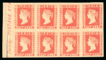 Stamp of India » 1854 Lithographs India 1854 1/2a vermillion unused left marginal block of 8 showing inscription "Twenty POSTAGE STA"