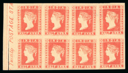 Stamp of India » 1854 Lithographs India 1854 1/2a vermillion unused left marginal block of 8 showing inscription "Twenty POSTAGE STA"