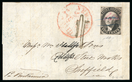 Stamp of United States » Postmasters' Provisionals USA Postmaster Provisional: New York: 1845-46 5c Black, "A.C.M." initials, large margins, on 1845 (Jul 31) entire letter to Sheffield, England
