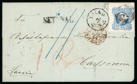 Stamp of Portugal 1854 (Apr) wrapper from Setúbal to Sweden (to the Admiral of Carlscrona) with 1853 25 Reis blue