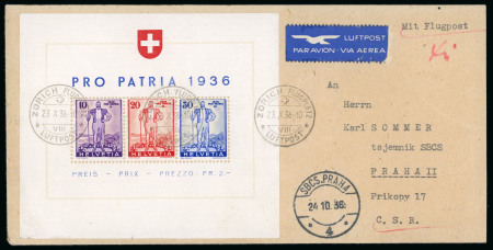Stamp of Switzerland / Schweiz » Blockausgaben 1936, Pro Patria Block auf Ersttagsbrief per Flugpost
