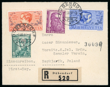 Stamp of Switzerland / Schweiz » Pro Juventute 1937, komplette Serie auf eingeschriebenem Ersttagsbrief