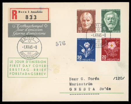 Stamp of Switzerland / Schweiz » Pro Juventute 1945, komplette Serie auf eingeschriebenem Ersttagsbrief