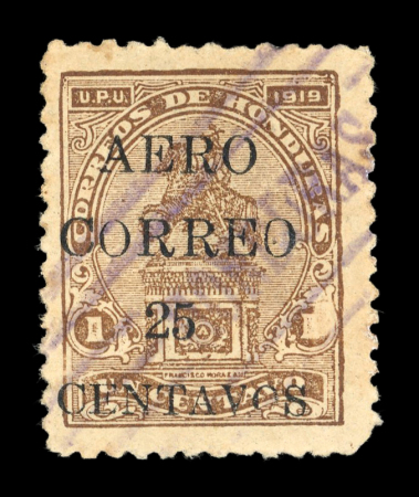 Stamp of Honduras » Air Post / Airmails Honduras 1925 25c on 1c brown air post ("AERO CORREO") used with light violet cancel
