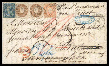 Saxony - Sachsen, 1864, 2-issues mixed fkg  on cover to Dutch Indies via Trieste and Alexandria