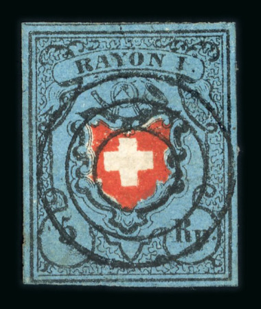 Stamp of Switzerland / Schweiz » Rayonmarken » Rayon I, dunkelblau ohne Kreuzeinfassung 1850, Rayon I dunkelblau ohne Kreuzeinfassung, Dreiringstempel von Biel 
