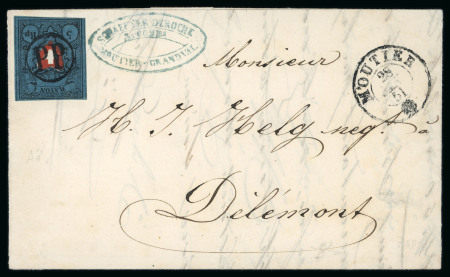 Stamp of Switzerland / Schweiz » Rayonmarken » Rayon I, dunkelblau ohne Kreuzeinfassung 1851, Rayon I dunkelblau ohne Kreuzeinfassung, auf Faltbrief von Moutier
