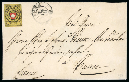 Stamp of Switzerland / Schweiz » Rayonmarken » Rayon II, gelb, ohne Kreuzeinfassung (STEIN B) 1851, Rayon II, auf Brief mit Dreiringstempel von Biel