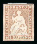 Stamp of Switzerland / Schweiz » Sitzende Helvetia Ungezähnt » Münchner Druck, 3. Auflage ** 1854, 5 Rp. braun, 3. Münchner Druckperiode