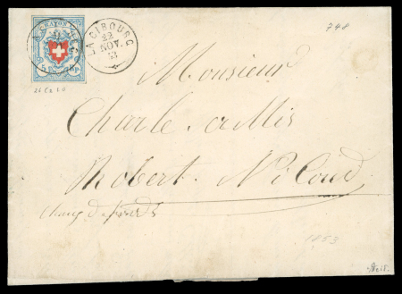 Stamp of Switzerland / Schweiz » Rayonmarken » Rayon I, hellblau, ohne KE (STEIN C2) 1853, Rayon I hellblau, Type 26 des Steins C2-LO, auf Faltbrief