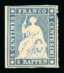 Stamp of Switzerland / Schweiz » Sitzende Helvetia Ungezähnt » Probedruck - Farbproben 1852, 5 Rp. blau, 2. Münchner Farbenprobe
