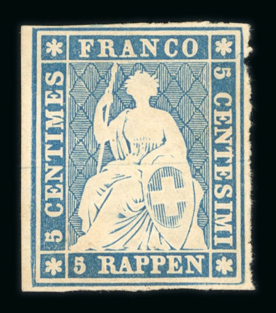 Stamp of Switzerland / Schweiz » Sitzende Helvetia Ungezähnt » Probedruck - Farbproben 1852, 5 Rp. blau, 2. Münchner Farbenprobe